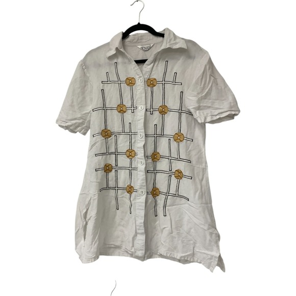 ravel Tops - Ravel Blouse Vintag L White Geometric Embroidery Button Up Short Sleeve Crinkled